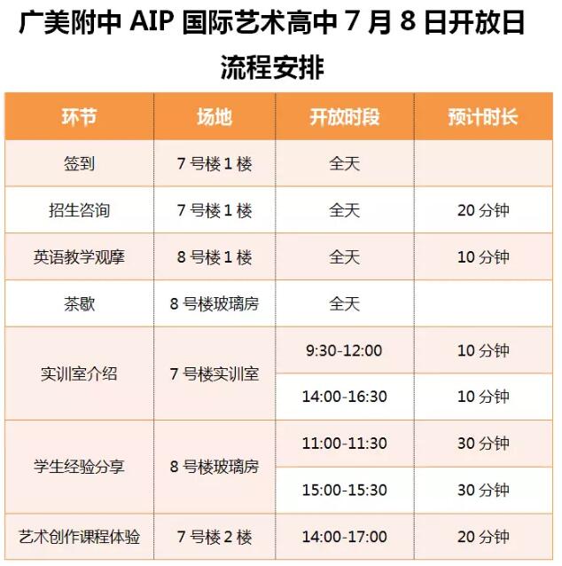 广美附中AIP国际艺术高中7月8日校园开放日活动流程安排表
