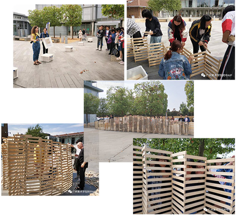 AIP艺术游学的学生们在AUB的校园里上建筑体验课用木条搭一个类似多米诺、高度超过身高的模型。