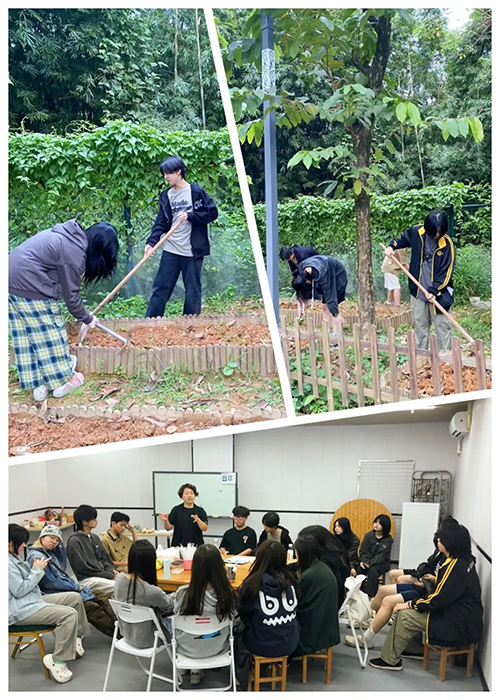 园艺社 学生在田间除草种菜